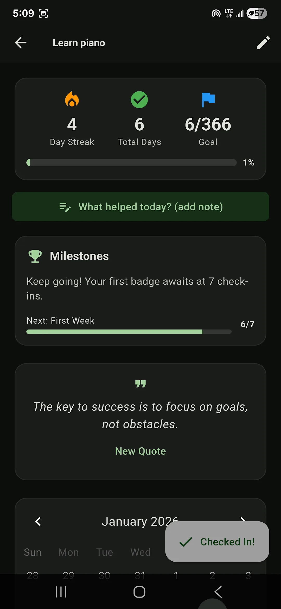 Goal detail inside StreakUp showing a streak, check-ins, and milestone progress